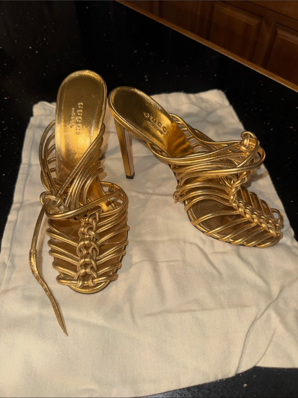 Gucci Gold Braided Strappy Heeled Sandals